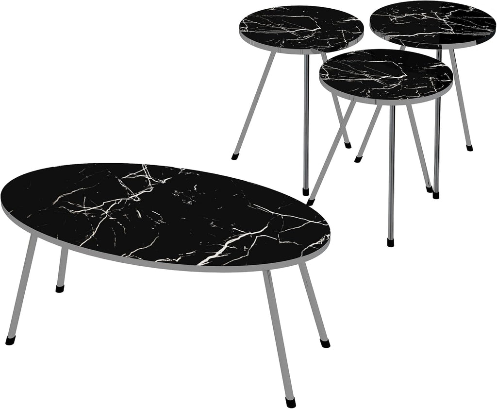 4 Piece Living Room Table Set, 1 Coffee Table and 3 Nesting Tables, No-Tools Assembly (Black Marble/Gray, Ellipse Coffee Table/Round Nesting Tables)