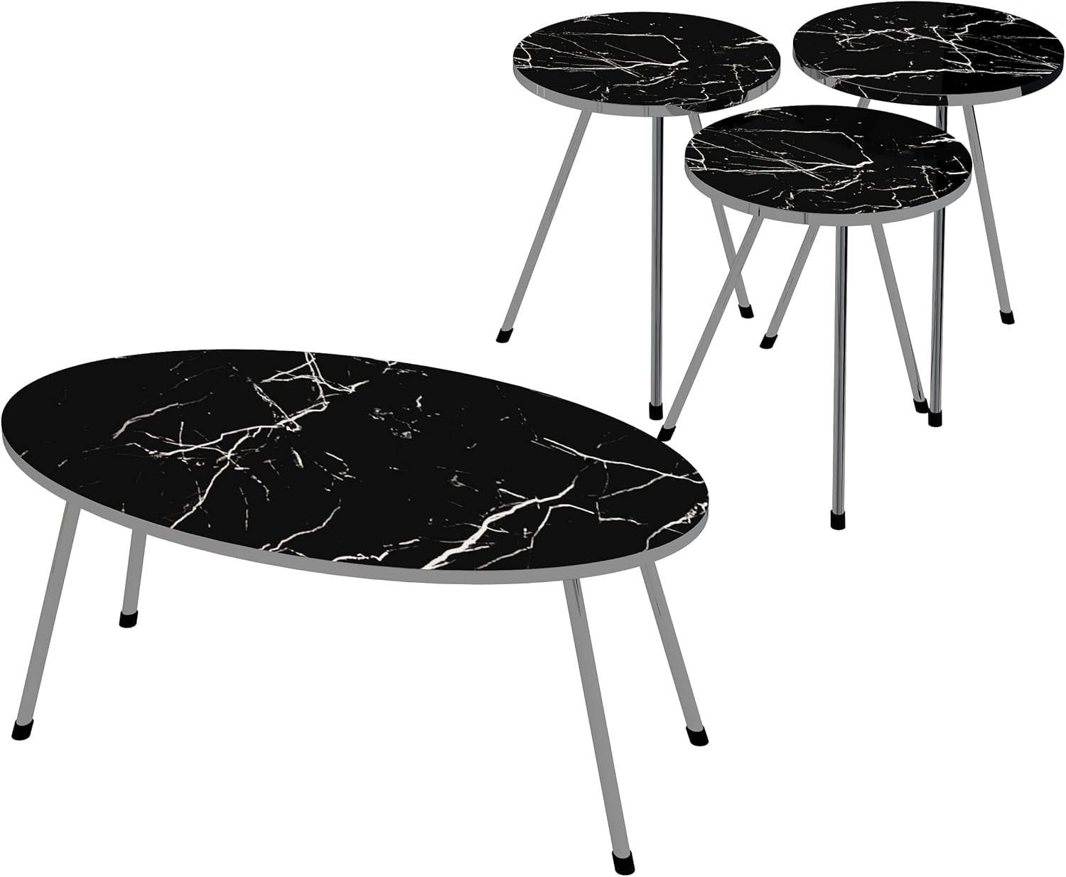 4 Piece Living Room Table Set, 1 Coffee Table and 3 Nesting Tables, No-Tools Assembly (Black Marble/Gray, Ellipse Coffee Table/Round Nesting Tables)