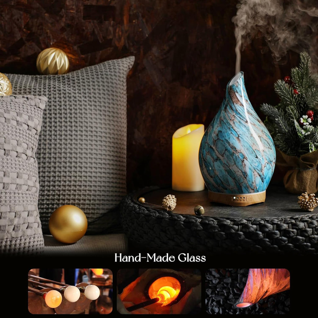280Ml Remote Essential Oil Diffuser 3D Glass Ultrasonic Mist 7H | Elegant Handmade Glass Aroma Diffuser with 7-Color Leds, Quiet Aromatherapy and Safe Auto Shut-Off, Perfect for Gifts