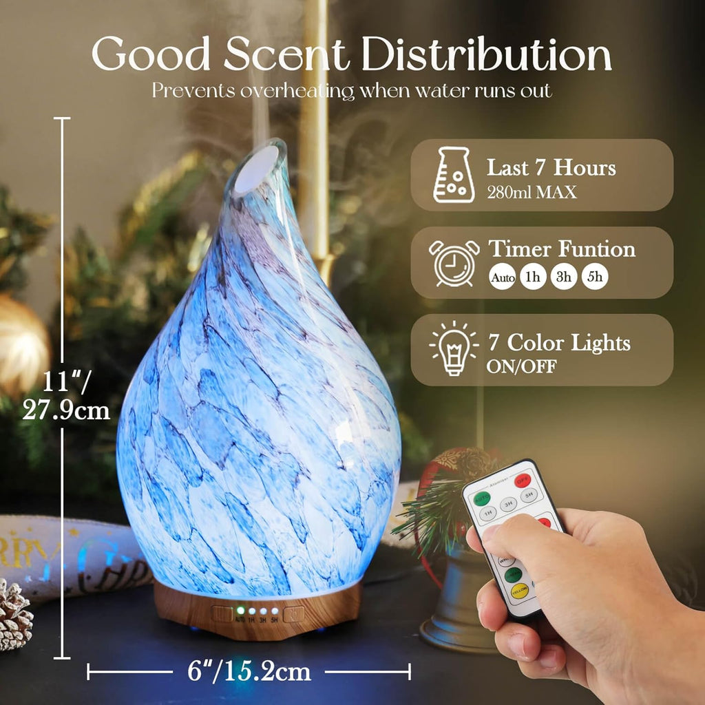 280Ml Remote Essential Oil Diffuser 3D Glass Ultrasonic Mist 7H | Elegant Handmade Glass Aroma Diffuser with 7-Color Leds, Quiet Aromatherapy and Safe Auto Shut-Off, Perfect for Gifts