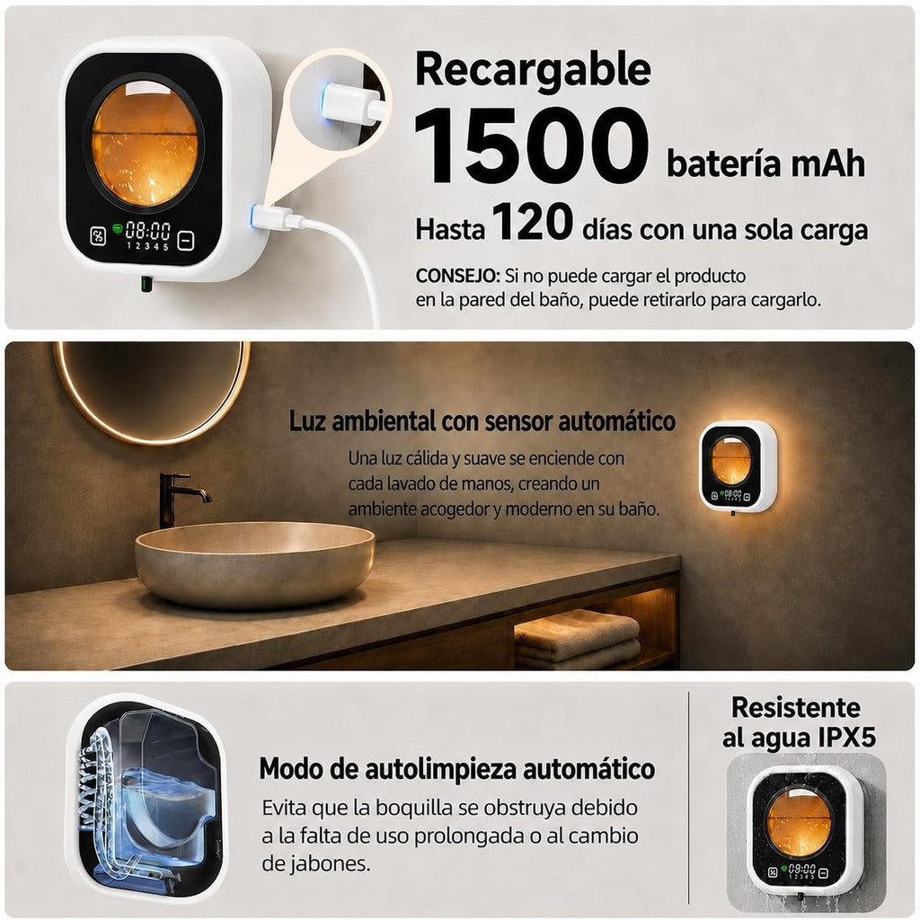 Dispensador de Jabón Automático sin Contacto | Recargable con Luz Ambiental