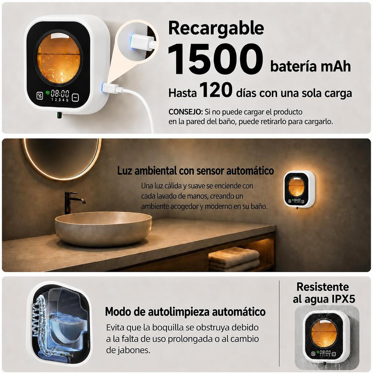 Dispensador de Jabón Automático sin Contacto | Recargable con Luz Ambiental