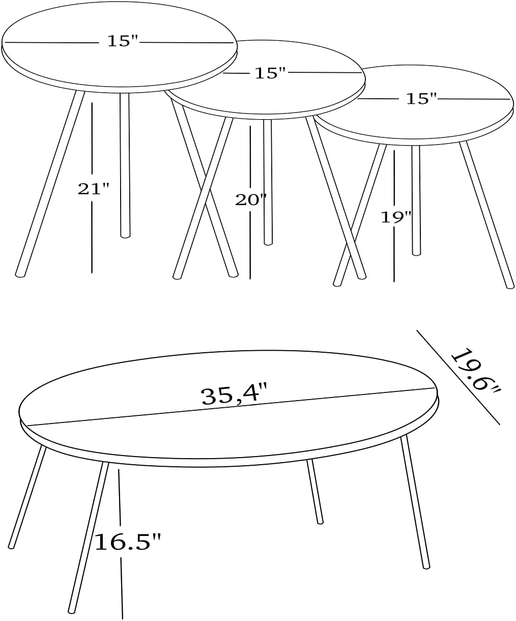 4 Piece Living Room Table Set, 1 Coffee Table and 3 Nesting Tables, No-Tools Assembly (Black Marble/Gray, Ellipse Coffee Table/Round Nesting Tables)