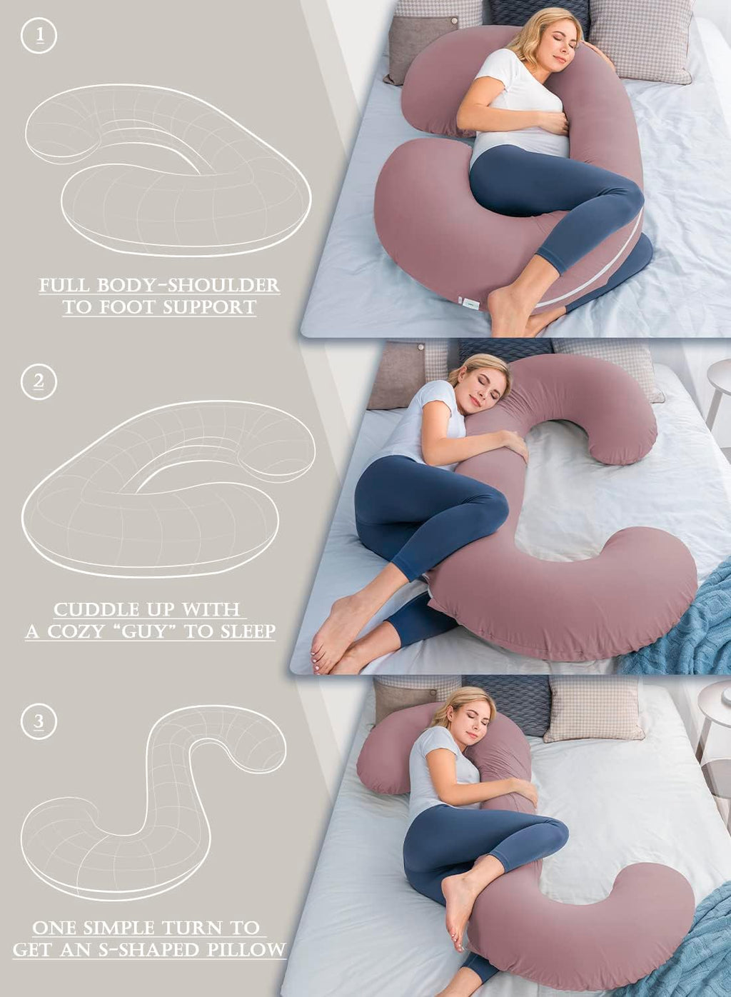 Cooling Pregnancy Pillow, Maternity Pillow with Soft Cotton Cover, C Shaped for Pregnant Sleeping, Dark Pink