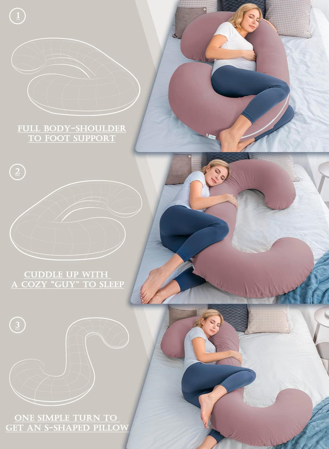Cooling Pregnancy Pillow, Maternity Pillow with Soft Cotton Cover, C Shaped for Pregnant Sleeping, Dark Pink