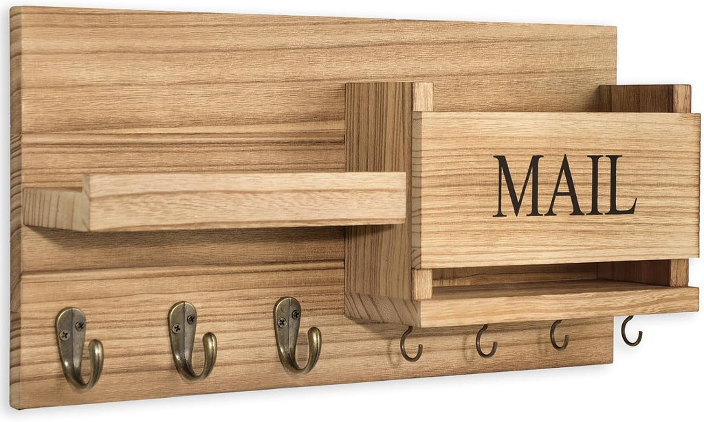 Mail Organizer for Wall Mount – Key Holder with Shelf Includes Letter Holder and Hooks for Hallway Farmhouse Decor – Rustic Wood with Flush Mounting Hardware (16.5” X 9.1” X 3.4”) (Wood)