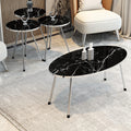 4 Piece Living Room Table Set, 1 Coffee Table and 3 Nesting Tables, No-Tools Assembly (Black Marble/Gray, Ellipse Coffee Table/Round Nesting Tables)