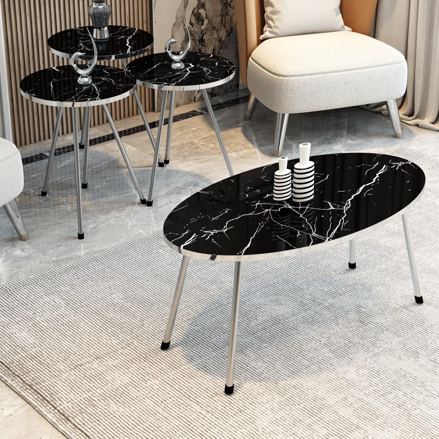 4 Piece Living Room Table Set, 1 Coffee Table and 3 Nesting Tables, No-Tools Assembly (Black Marble/Gray, Ellipse Coffee Table/Round Nesting Tables)