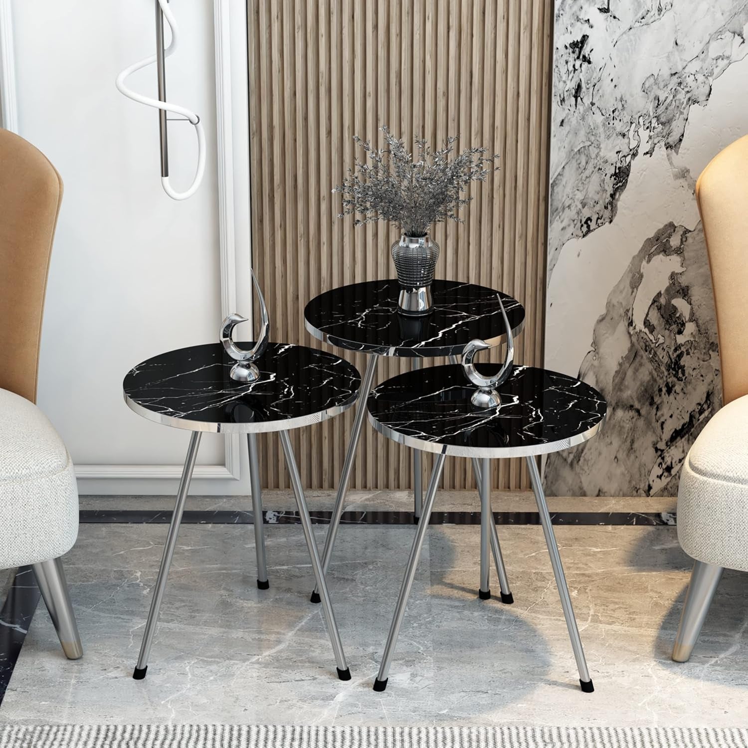 4 Piece Living Room Table Set, 1 Coffee Table and 3 Nesting Tables, No-Tools Assembly (Black Marble/Gray, Ellipse Coffee Table/Round Nesting Tables)