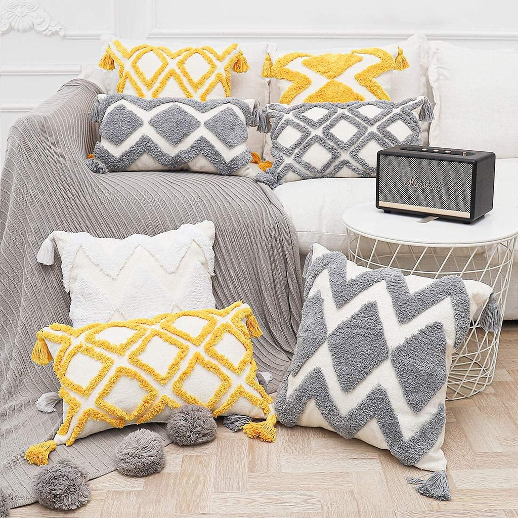 Boho White Throw Pillow Cover 18X18 Inch with Tassels, Moroccan Tufted Decorative Cream Chenille Fabric Accent Textured Cushion Case for Bed Couch, 1 PC Cover Only No Insert