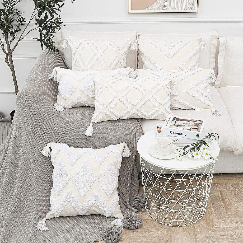 Boho White Throw Pillow Cover 18X18 Inch with Tassels, Moroccan Tufted Decorative Cream Chenille Fabric Accent Textured Cushion Case for Bed Couch, 1 PC Cover Only No Insert