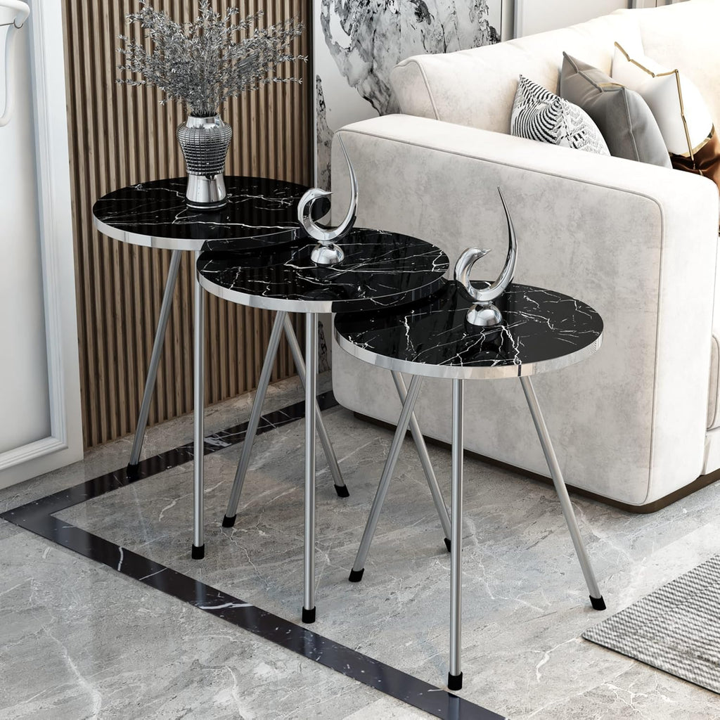4 Piece Living Room Table Set, 1 Coffee Table and 3 Nesting Tables, No-Tools Assembly (Black Marble/Gray, Ellipse Coffee Table/Round Nesting Tables)