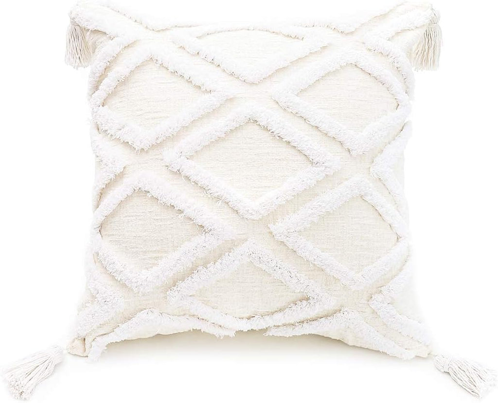 Boho White Throw Pillow Cover 18X18 Inch with Tassels, Moroccan Tufted Decorative Cream Chenille Fabric Accent Textured Cushion Case for Bed Couch, 1 PC Cover Only No Insert