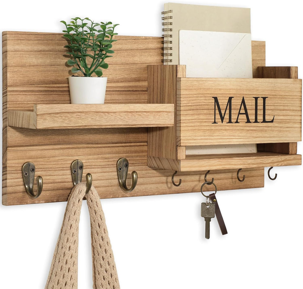 Mail Organizer for Wall Mount – Key Holder with Shelf Includes Letter Holder and Hooks for Hallway Farmhouse Decor – Rustic Wood with Flush Mounting Hardware (16.5” X 9.1” X 3.4”) (Wood)