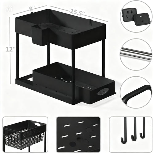 2-Tier Black Sliding under Sink Organizer Storage Cabinet Basket Drawer