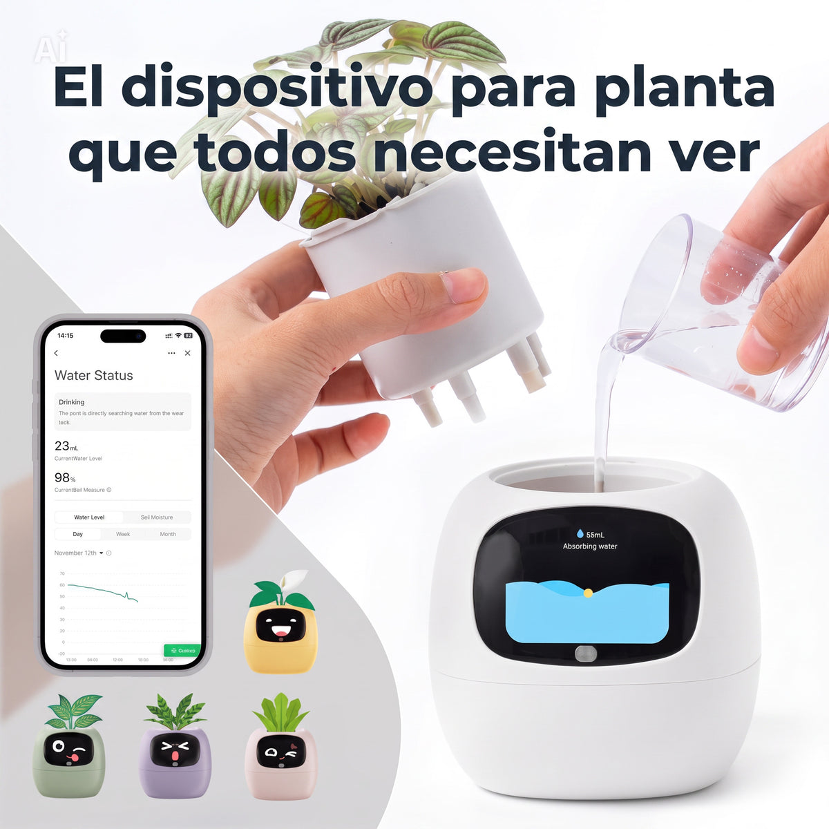 Maceta Inteligente con Pantalla | Auto-riego 80ml | Blanca