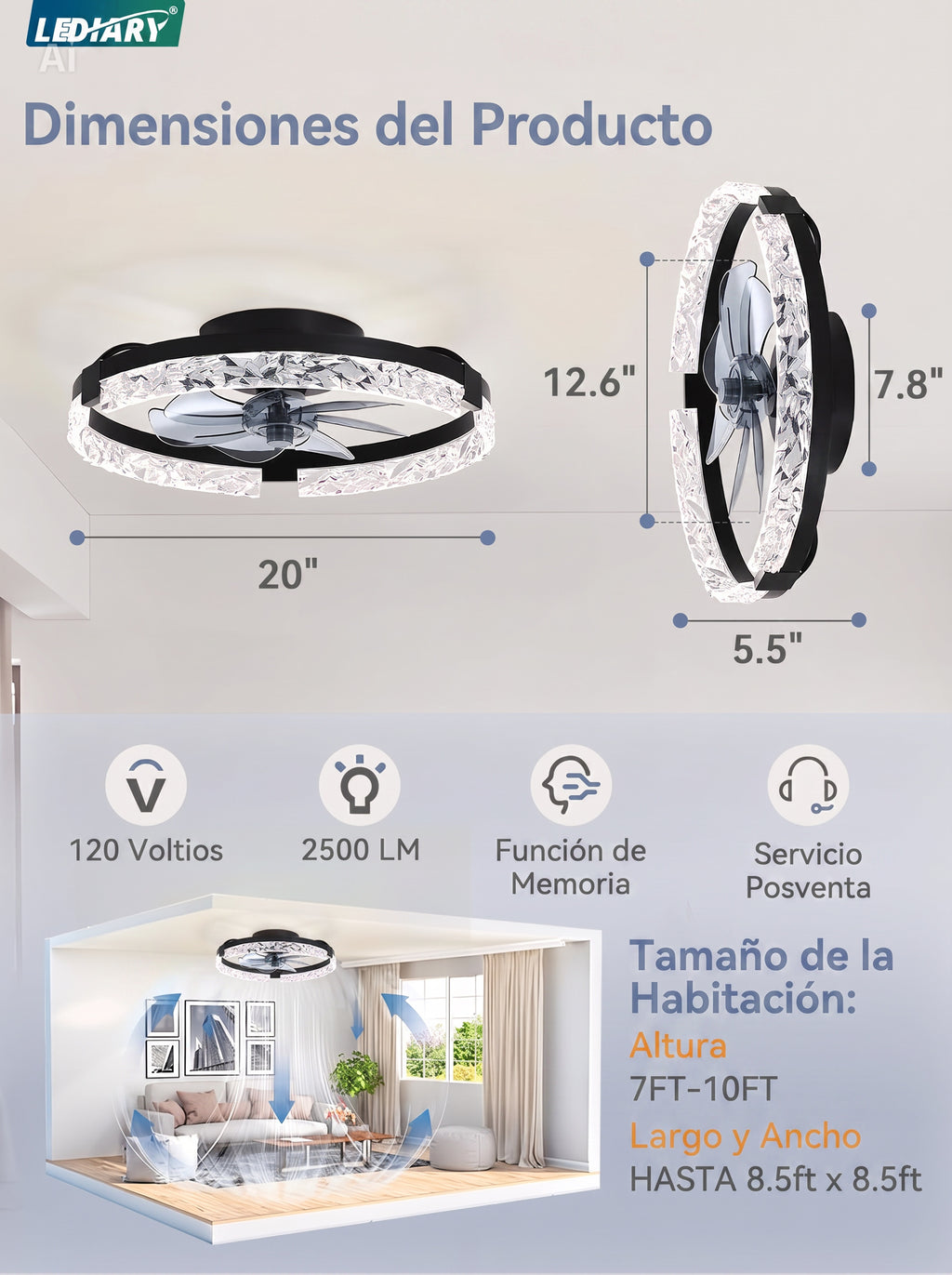 Ventilador de Techo 20" con Luz LED | Control por APP y Control Remoto | Negro
