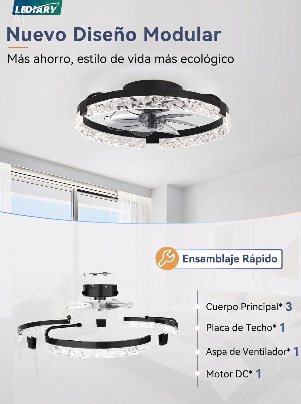 Ventilador de Techo 20" con Luz LED | Control por APP y Control Remoto | Negro