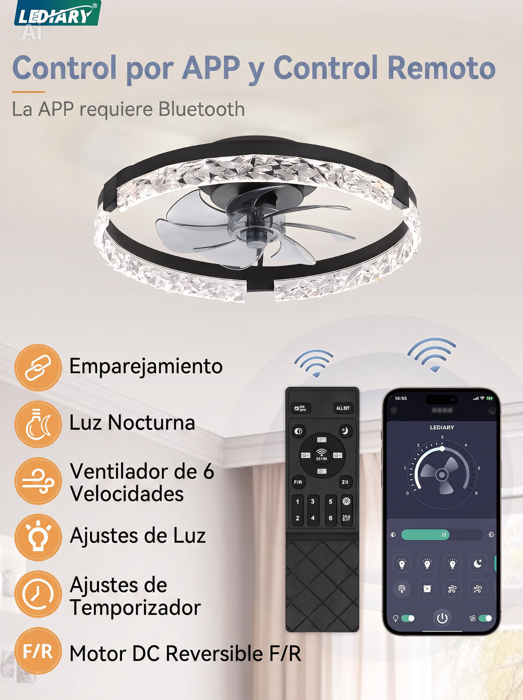 Ventilador de Techo 20" con Luz LED | Control por APP y Control Remoto | Negro
