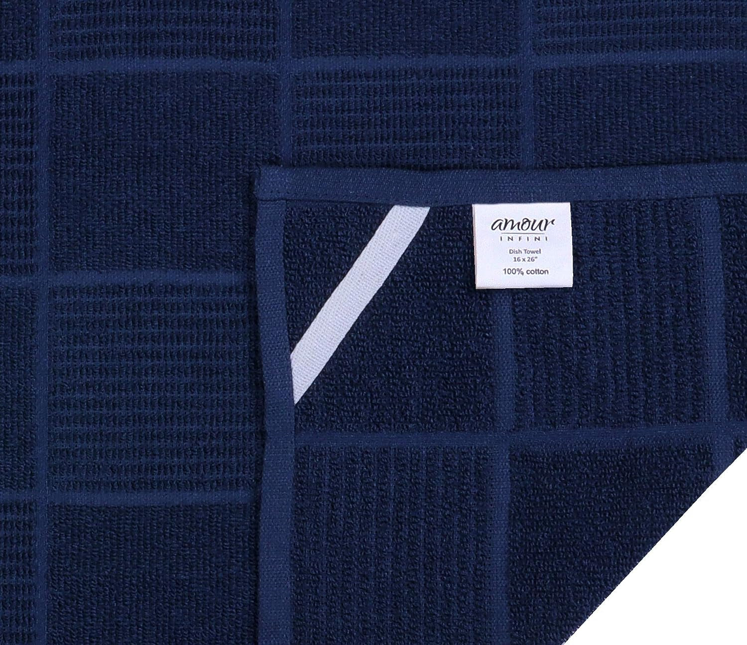 Kitchen Towels Pack of 4, Terry Cotton Dish Towels, Ultra Absorbent, Quick Drying Hand & Tea Towels, Soft Durable Cleaning Cloths with Hanging Loop, 16 X 26 Inch (Navy/Blue)