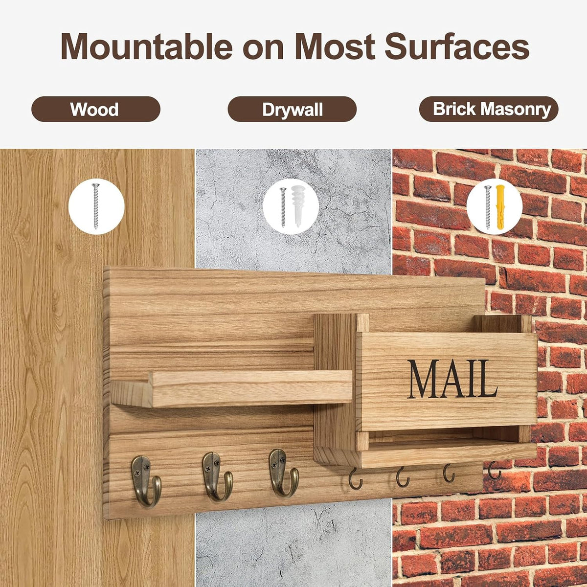 Mail Organizer for Wall Mount – Key Holder with Shelf Includes Letter Holder and Hooks for Hallway Farmhouse Decor – Rustic Wood with Flush Mounting Hardware (16.5” X 9.1” X 3.4”) (Wood)