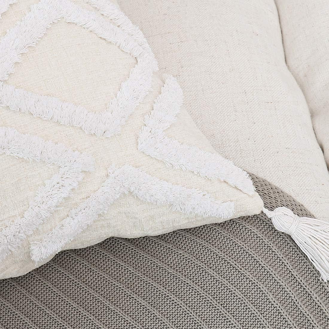 Boho White Throw Pillow Cover 18X18 Inch with Tassels, Moroccan Tufted Decorative Cream Chenille Fabric Accent Textured Cushion Case for Bed Couch, 1 PC Cover Only No Insert