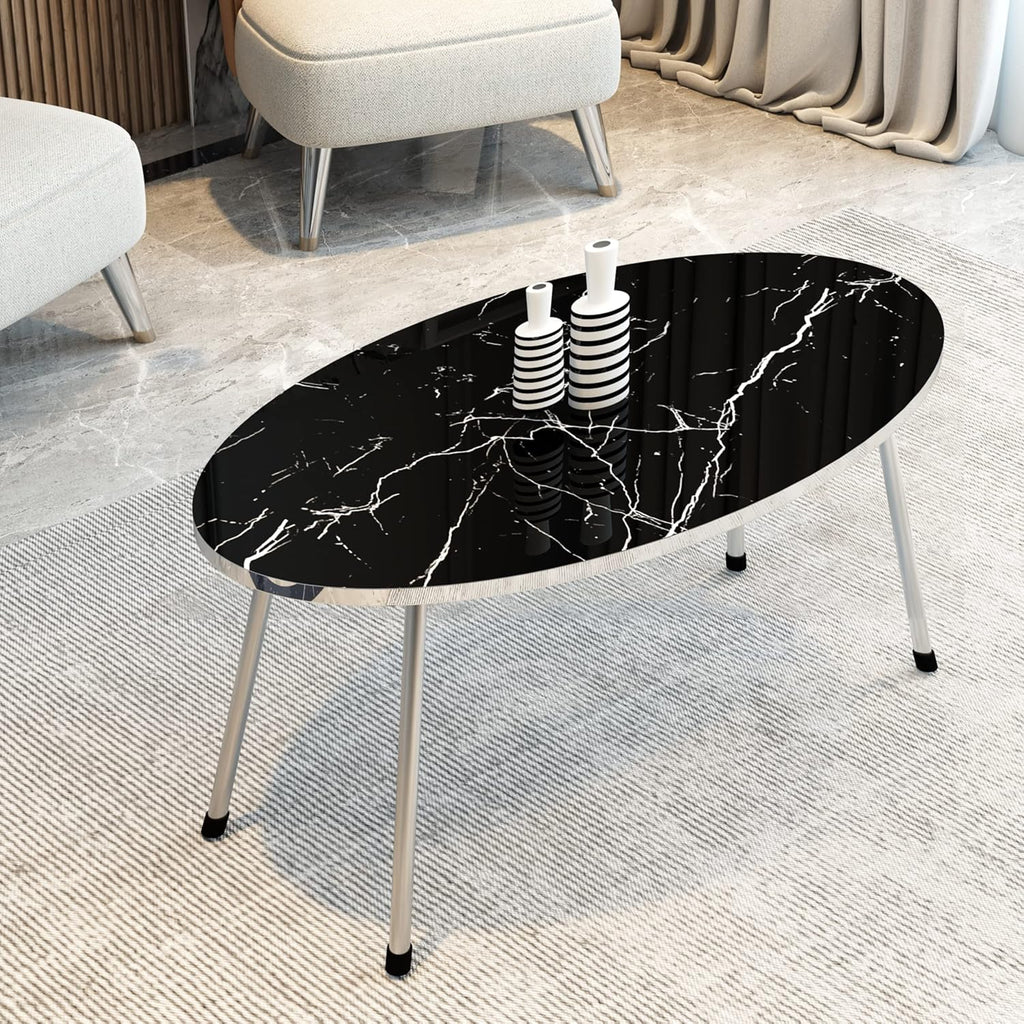 4 Piece Living Room Table Set, 1 Coffee Table and 3 Nesting Tables, No-Tools Assembly (Black Marble/Gray, Ellipse Coffee Table/Round Nesting Tables)