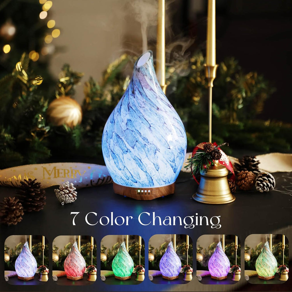 280Ml Remote Essential Oil Diffuser 3D Glass Ultrasonic Mist 7H | Elegant Handmade Glass Aroma Diffuser with 7-Color Leds, Quiet Aromatherapy and Safe Auto Shut-Off, Perfect for Gifts
