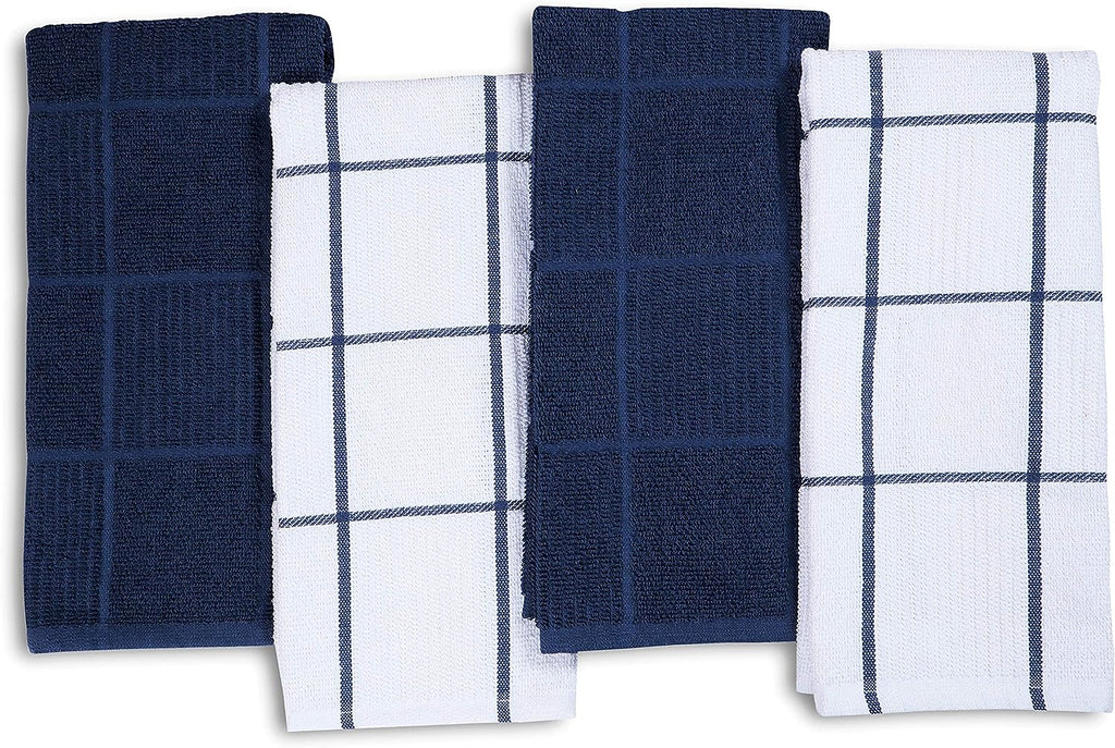 Kitchen Towels Pack of 4, Terry Cotton Dish Towels, Ultra Absorbent, Quick Drying Hand & Tea Towels, Soft Durable Cleaning Cloths with Hanging Loop, 16 X 26 Inch (Navy/Blue)