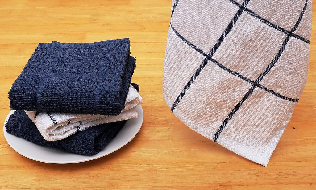 Kitchen Towels Pack of 4, Terry Cotton Dish Towels, Ultra Absorbent, Quick Drying Hand & Tea Towels, Soft Durable Cleaning Cloths with Hanging Loop, 16 X 26 Inch (Navy/Blue)