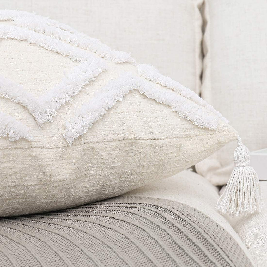 Boho White Throw Pillow Cover 18X18 Inch with Tassels, Moroccan Tufted Decorative Cream Chenille Fabric Accent Textured Cushion Case for Bed Couch, 1 PC Cover Only No Insert
